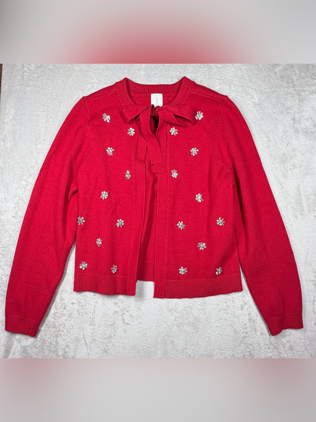 J Joie Red Knit Embellished Accent Tie Neck Cardigan Sweater Size Medium